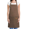 A brown canvas apron with multiple pockets is shown being worn over a white shirt.