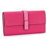 A vibrant pink women's cowhide leather bi-fold wallet with card slots and a coin pocket.