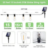 33 feet of ST38 globe string lights with 15 sockets and 15+1 bulbs powered by a solar panel