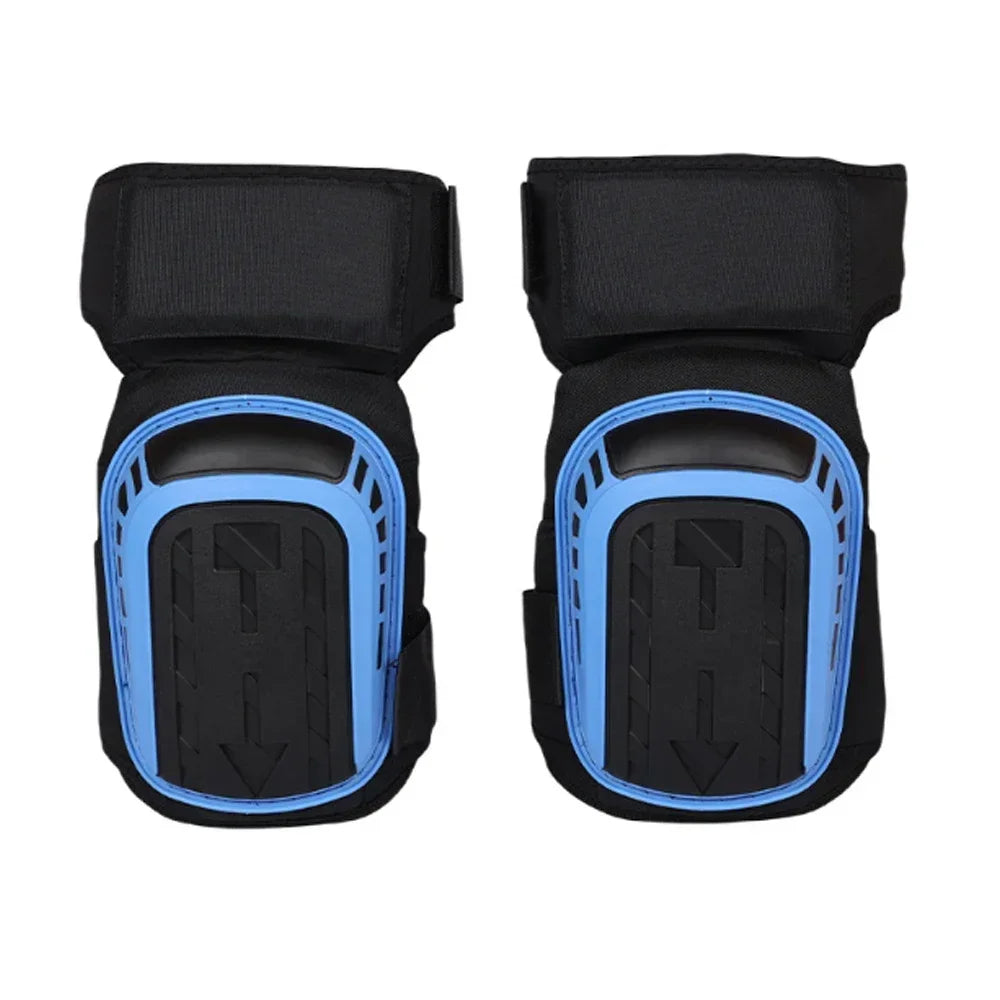 A pair of black heavy-duty gel knee pads with adjustable straps shown from the front.
