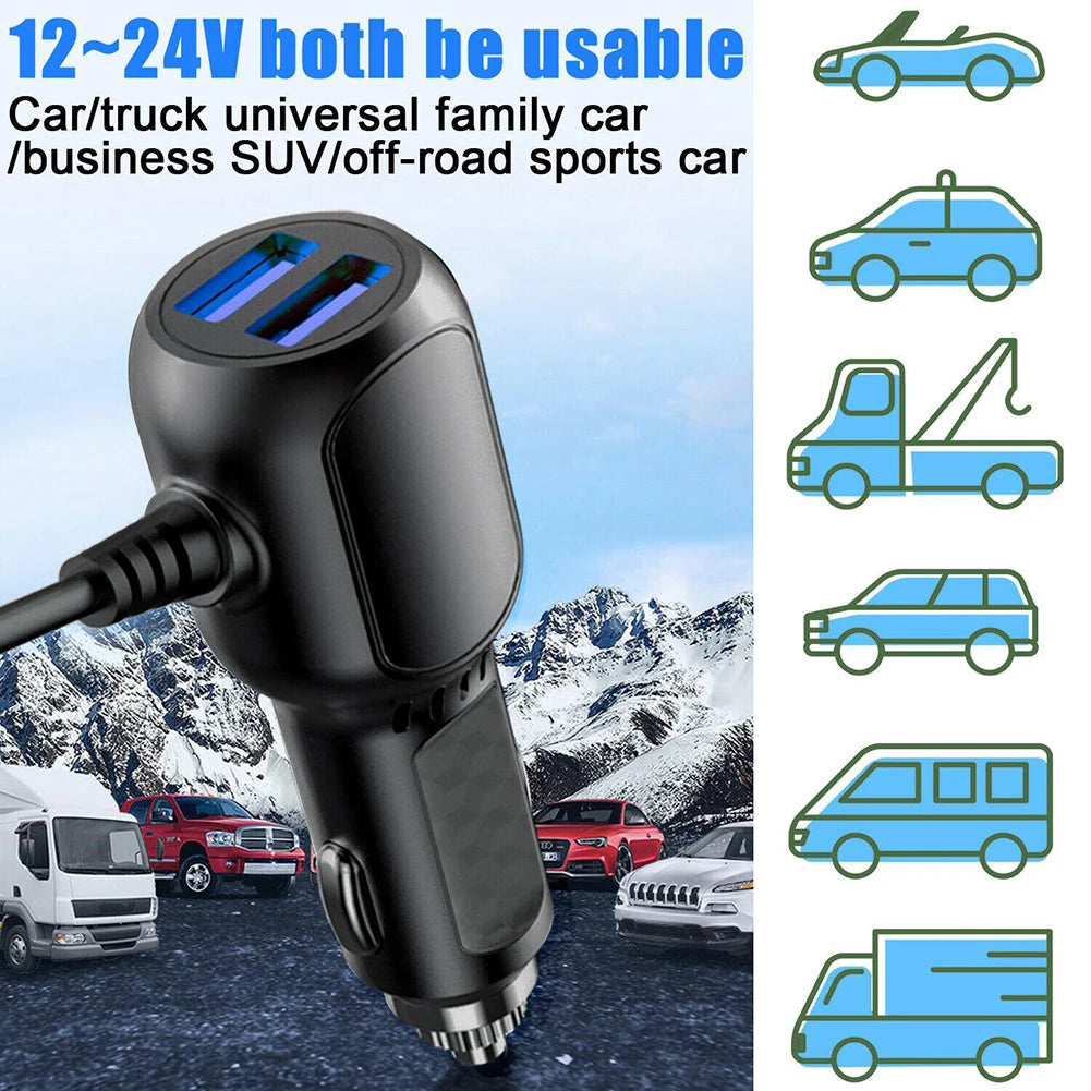 A black car charger with a micro USB cable is shown alongside various vehicle silhouettes.