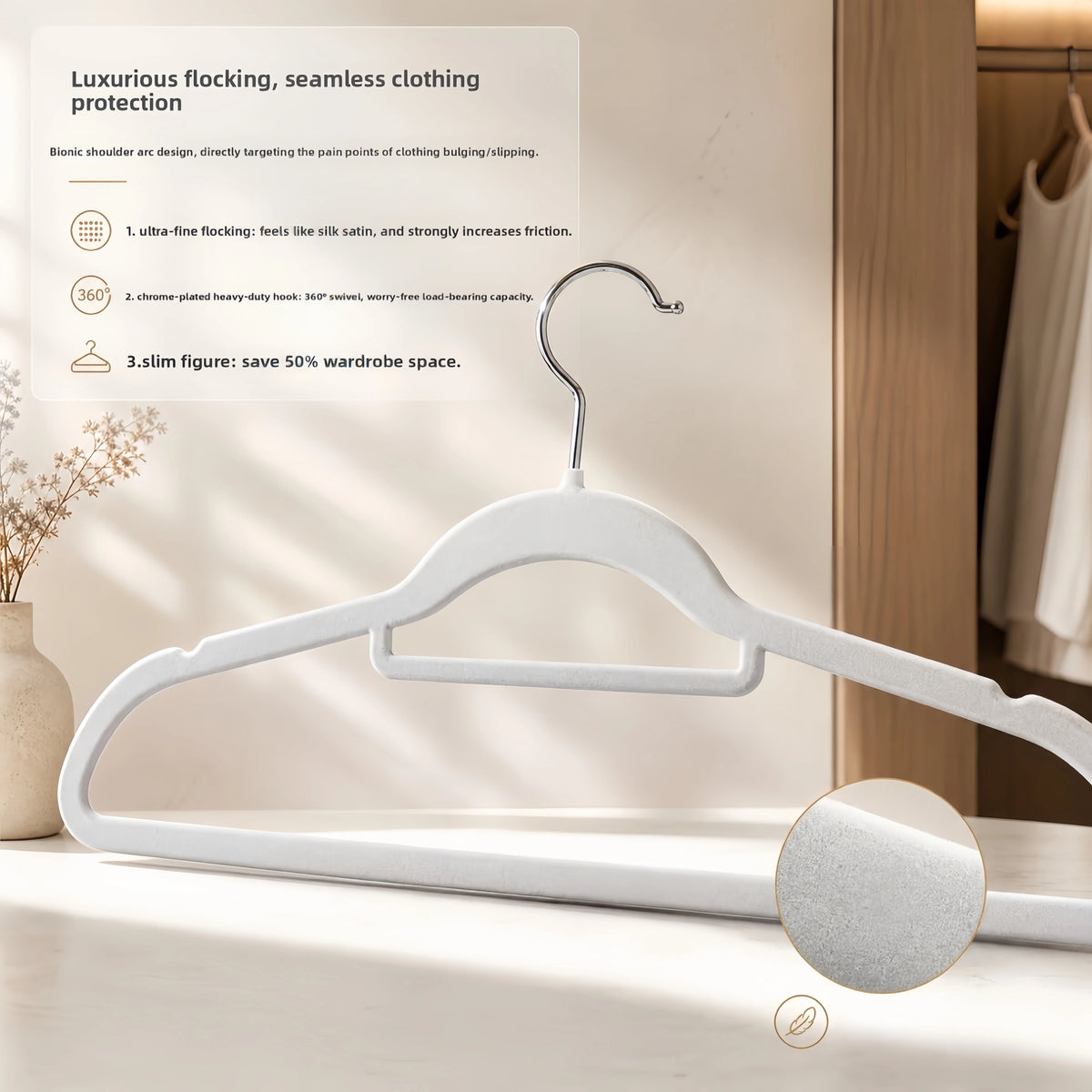 A white velvet non-slip hanger with a chrome-plated heavy-duty hook is displayed on a wooden surface.