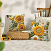 A decorative cushion cover featuring a vibrant yellow sunflower design on a white background.