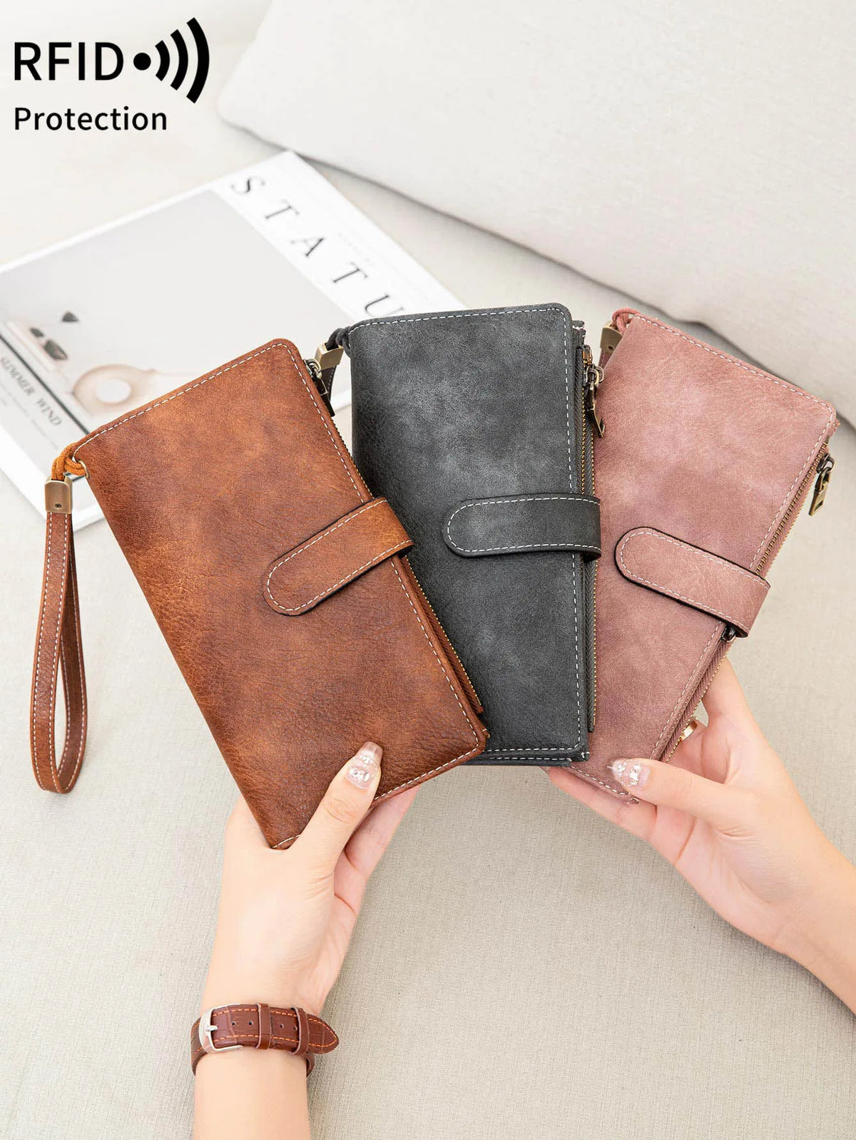 Vintage RFID-Blocking Long Wallet with Wristlet Strap