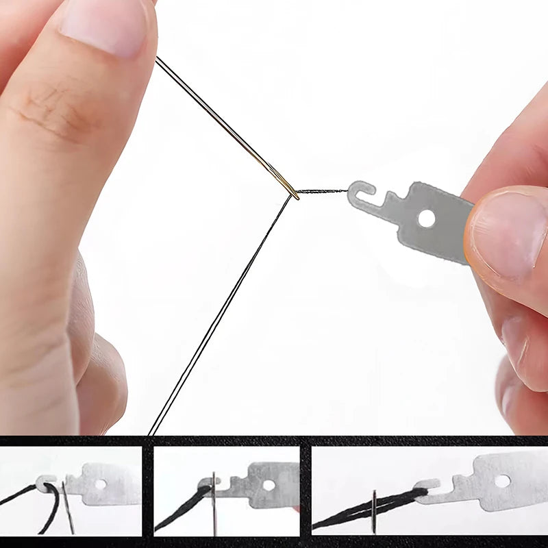 A hand is using a stainless steel sewing needle to manipulate a metal component, demonstrating the kit's function.