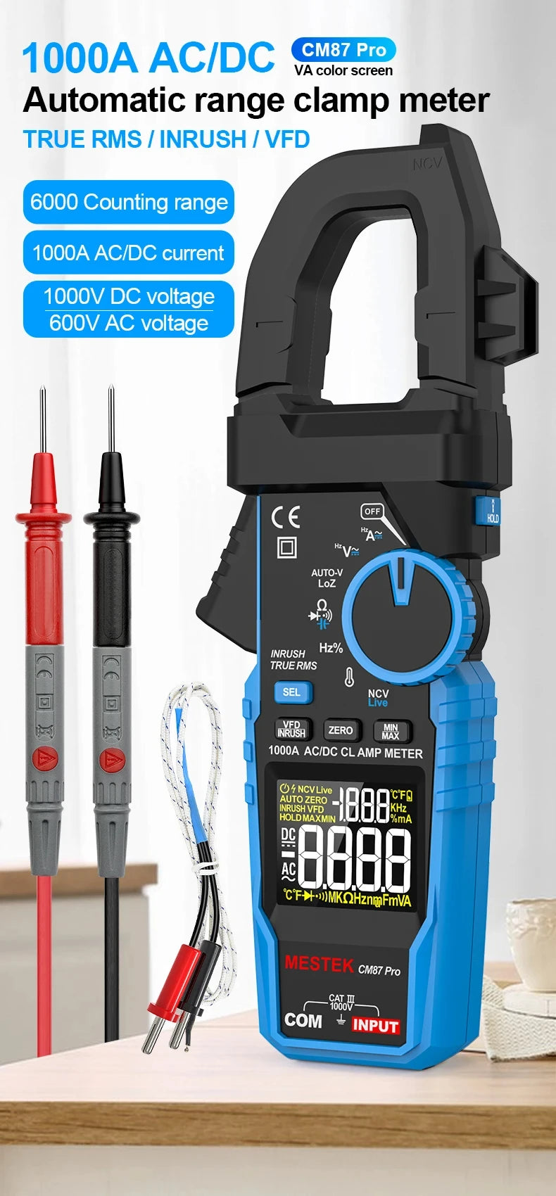 1000A True RMS Digital Clamp Meter with NCV Detection