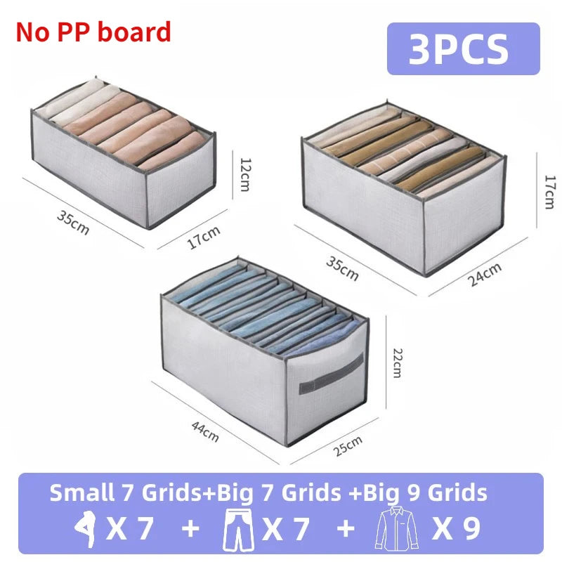 Three foldable closet organizer boxes for underwear socks and accessories in various sizes and grid configurations