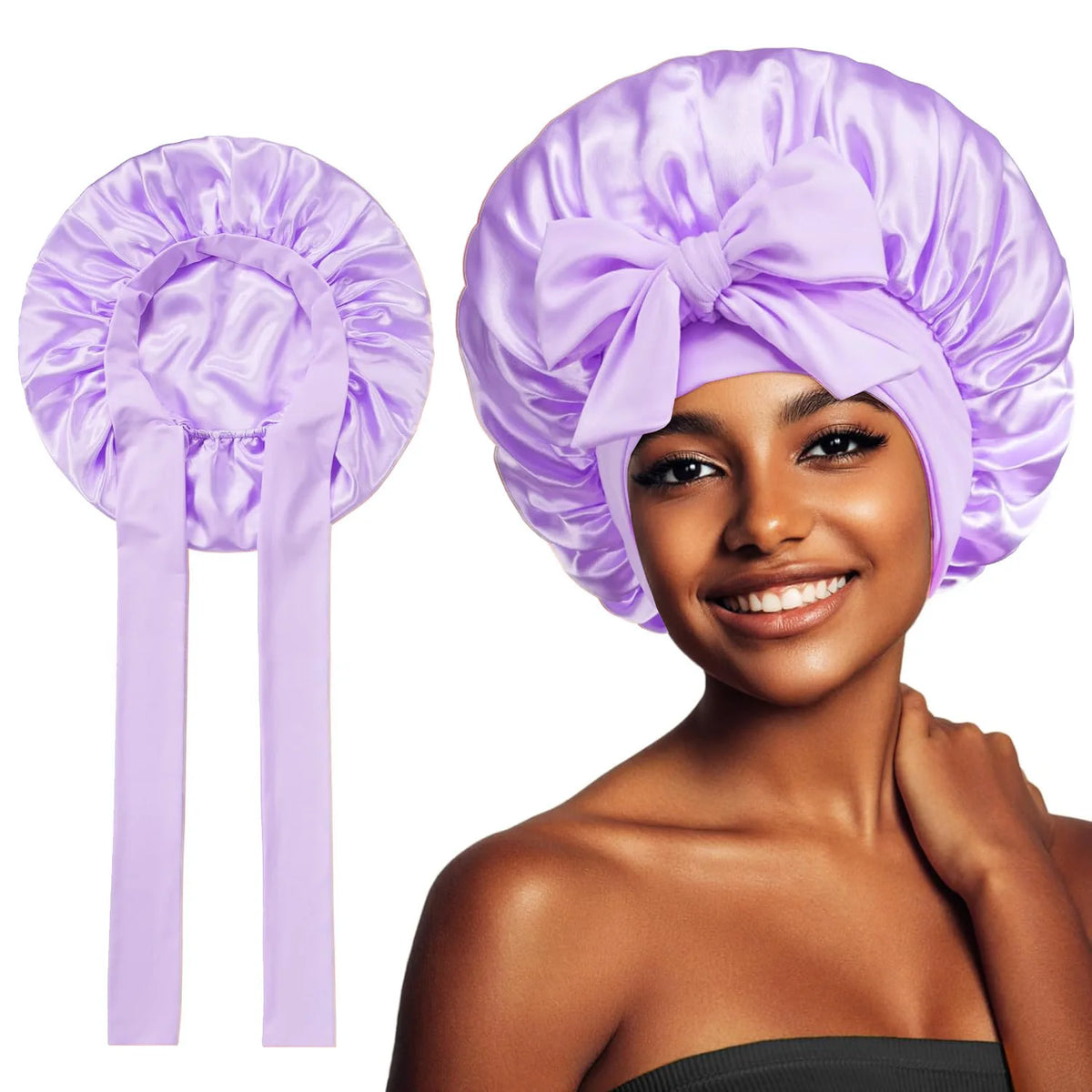Purple satin silk sleep bonnet tied with a bow worn by a woman.