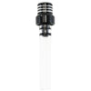 A clear glass fuel tank breather valve with a black threaded top and cylindrical body.