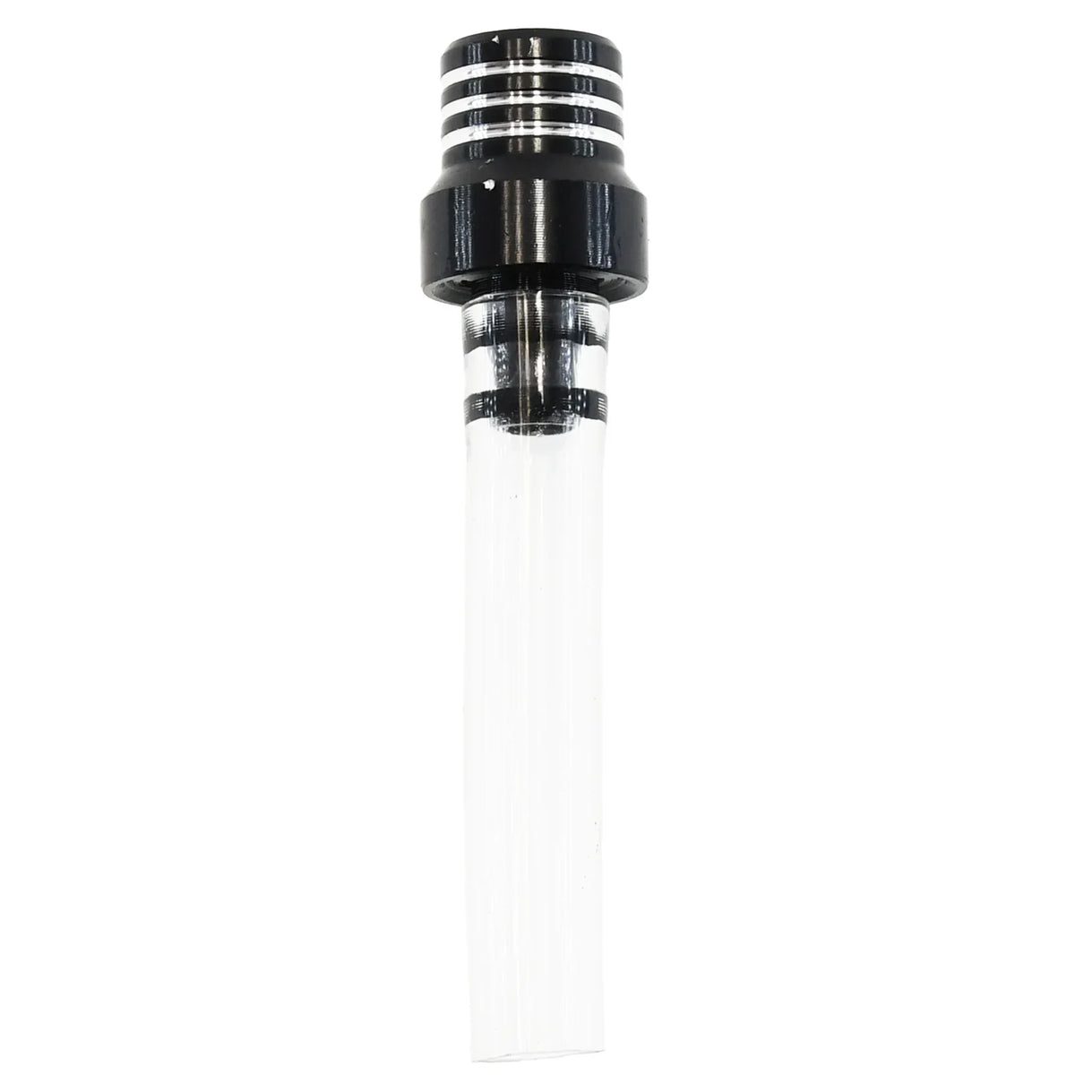 A clear glass fuel tank breather valve with a black threaded top and cylindrical body.