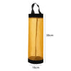 A vertical, yellow mesh plastic bag dispenser with a black top and bottom, measuring 38cm high and 16cm wide.