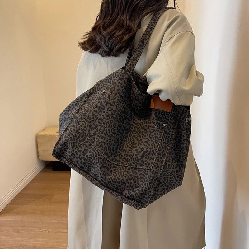 Vintage Leopard Print Canvas Tote Bag