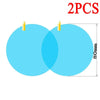 Two clear anti-fog and rain-repellent car mirror films are shown, measuring 80mm in diameter.
