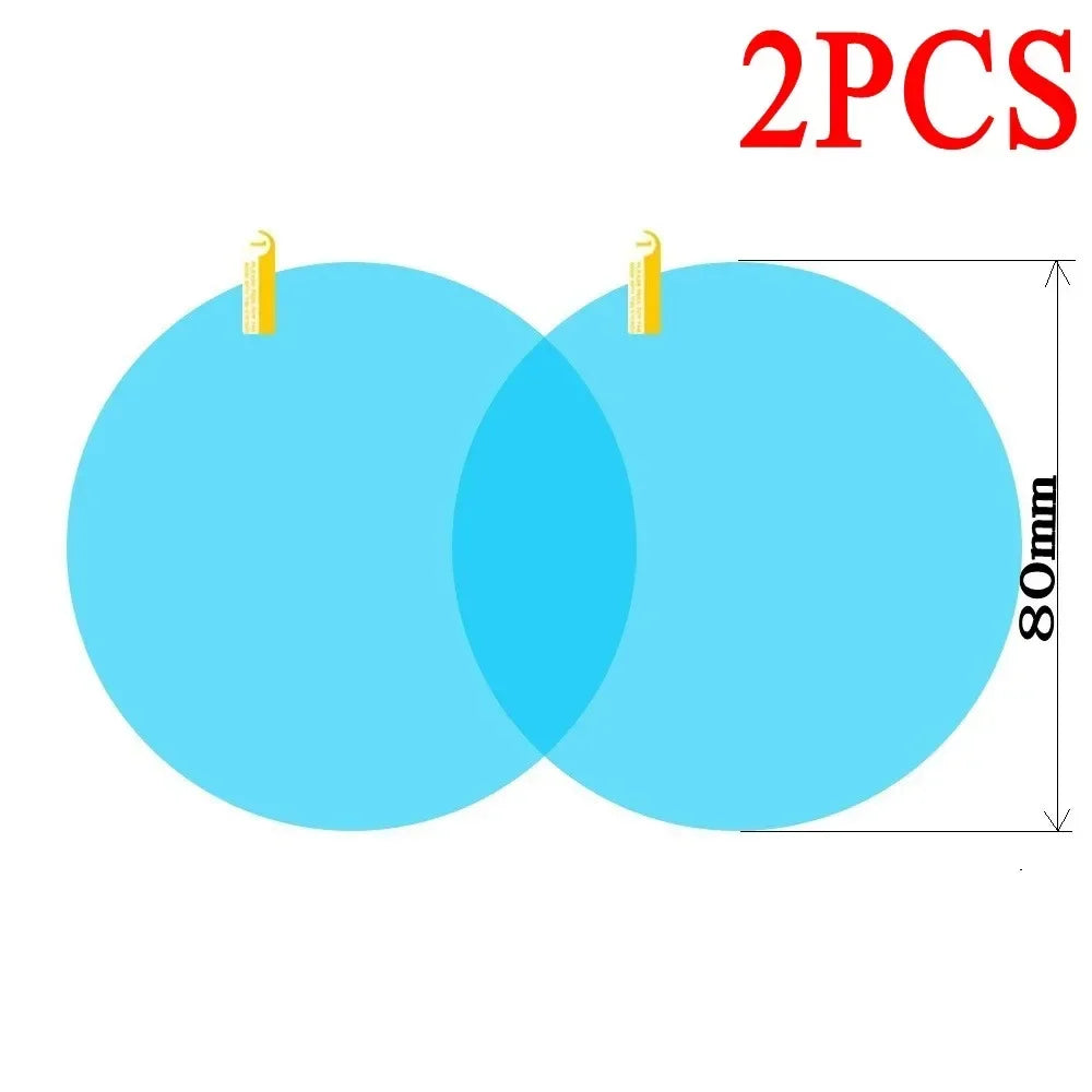 Two clear anti-fog and rain-repellent car mirror films are shown, measuring 80mm in diameter.