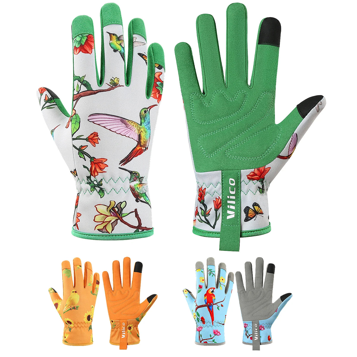 A set of five silicone gardening gloves in various colors and styles for hand protection