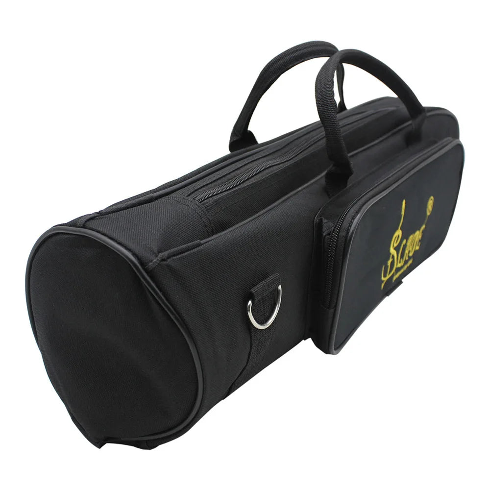 Black waterproof oxford cloth trumpet bag with padded protection and a zippered pocket