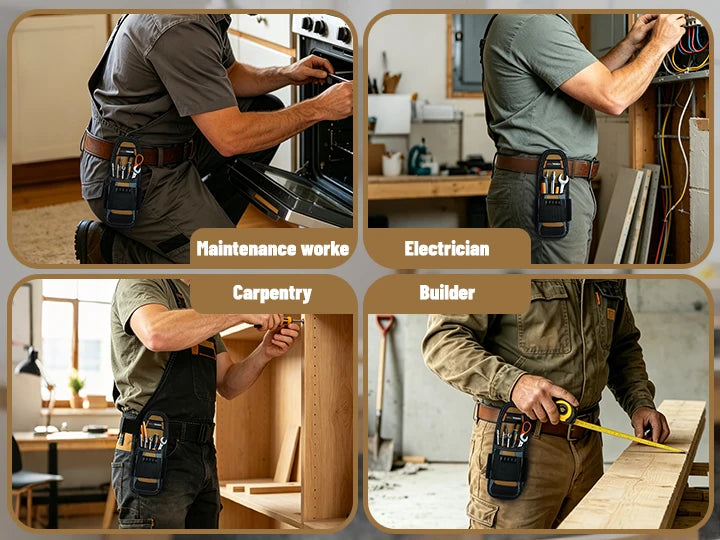 Four images showing various tradespeople using a compact clip-on tool pouch with belt holster for maintenance, electrical wor