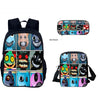 A black backpack featuring a grid of cartoon animal faces and an attached zippered crossbody bag.
