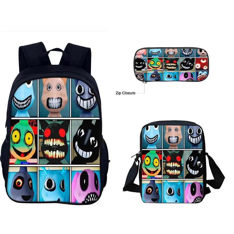A black backpack featuring a grid of cartoon animal faces and an attached zippered crossbody bag.