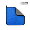 A blue and gray microfiber car drying towel with rounded edges, measuring 25x25cm.