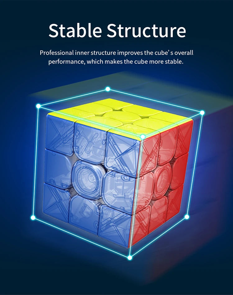A close-up view of a multi-colored magnetic speed cube set showing its internal structure.