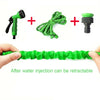 A green expandable garden hose is shown being held, with components including a nozzle and connector.