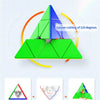 A green and blue magnetic speed cube pyramid being cut to create a 120-degree corner.