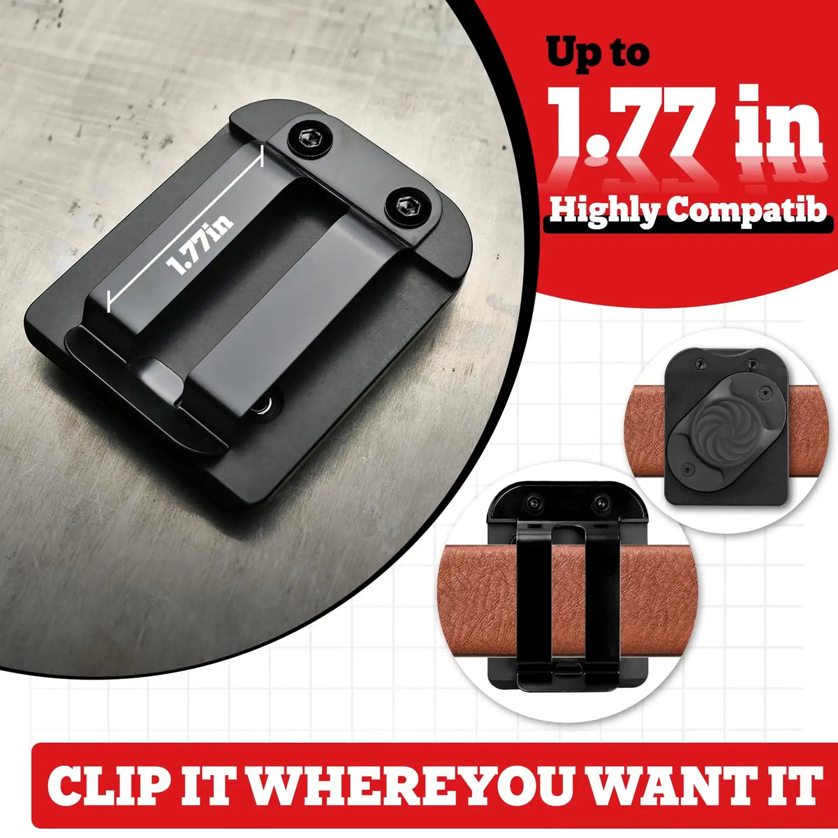 A black magnetic belt tool holder is shown, capable of holding up to 1.77 inches, designed for clipping onto belts.
