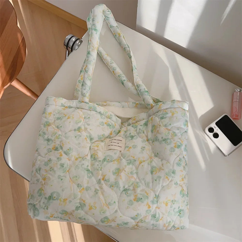 Quilted Floral Cotton Tote Bag with Padded Handle