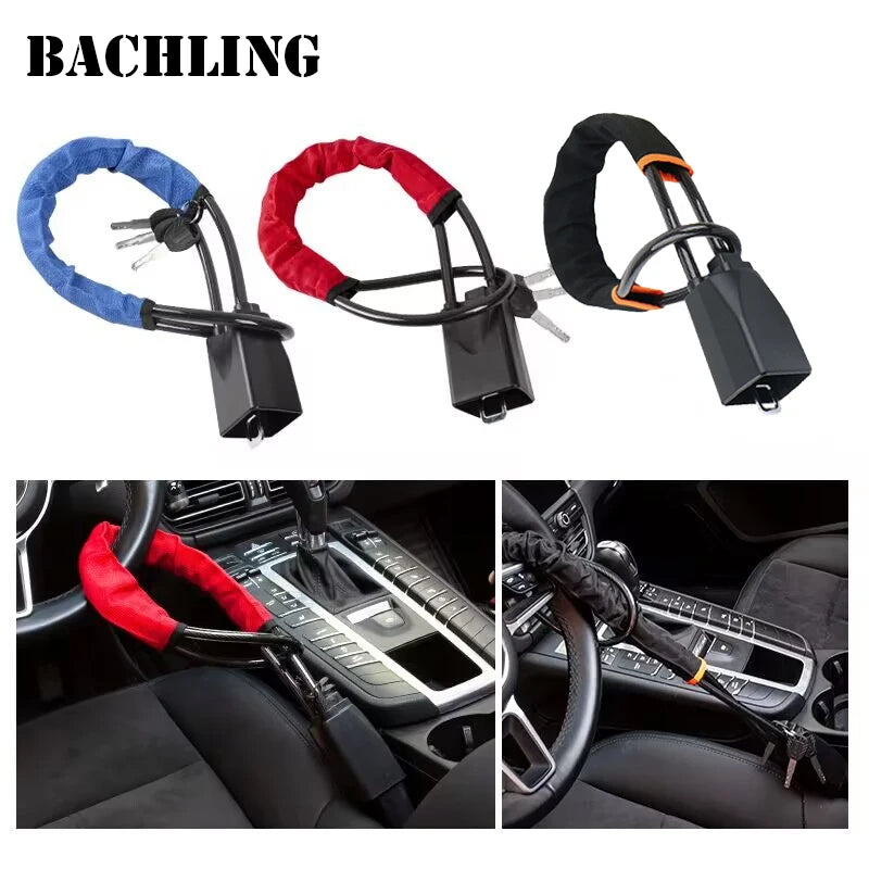 Universal Steering Wheel and Seat Belt Anti-Theft Lock with 2 Keys
