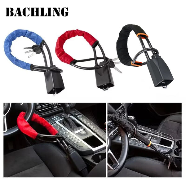 Black and blue universal steering wheel and seat belt anti-theft lock with two keys