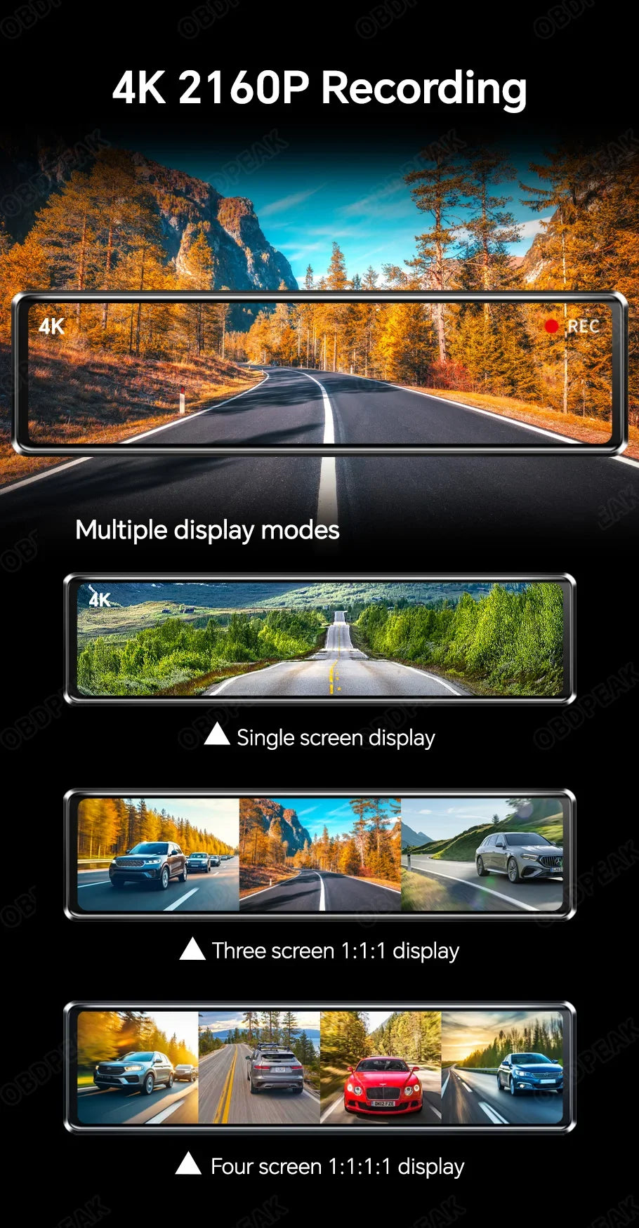 Demonstration of a 4K dash cam with multiple display modes including single, three, and four screen layouts.