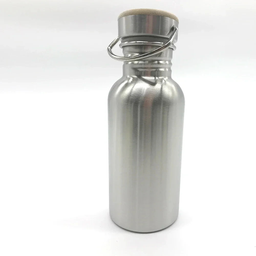 A silver stainless steel water bottle with a bamboo lid standing upright.