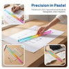 A hand uses a colorful, graduated ruler for drawing on paper, demonstrating precision in pastel.