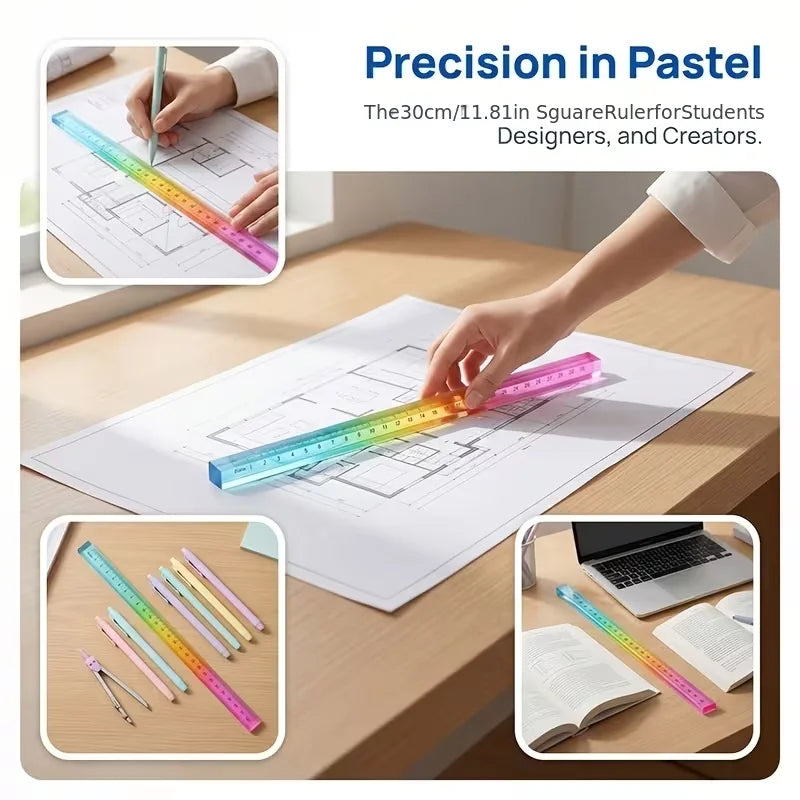 A hand uses a colorful, graduated ruler for drawing on paper, demonstrating precision in pastel.