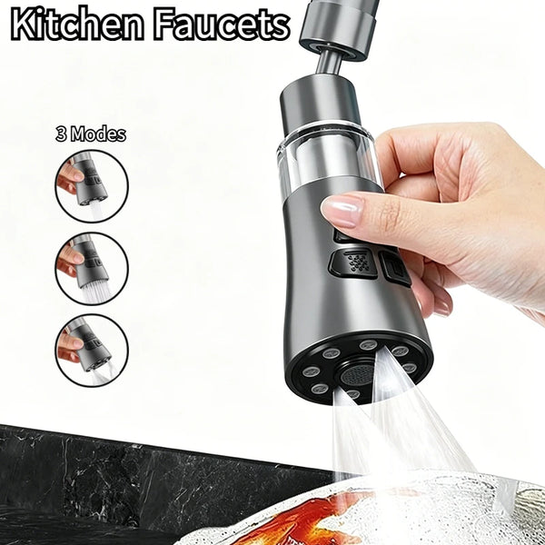 A hand holds a silver kitchen faucet aerator extender, demonstrating three modes of water flow.