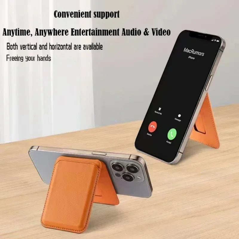 A magnetic leather wallet case with a kickstand is shown alongside an iPhone, demonstrating convenient support for audio and 