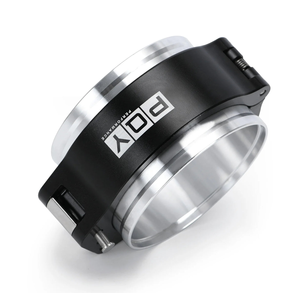 A black heavy-duty aluminum V-band clamp and flange assembly with a silver finish.