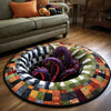 A round rug with a black and white checkered pattern featuring various colors like orange, green, purple, and yellow.