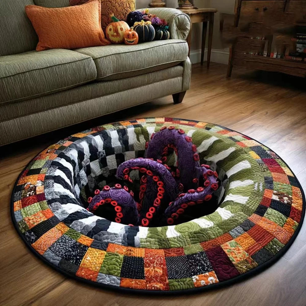 A round rug with a black and white checkered pattern featuring various colors like orange, green, purple, and yellow.