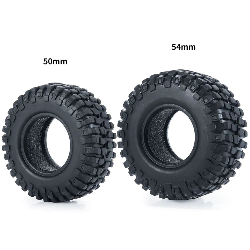 A pair of black soft rubber tires, 50mm and 54mm in diameter, for RC crawler cars.