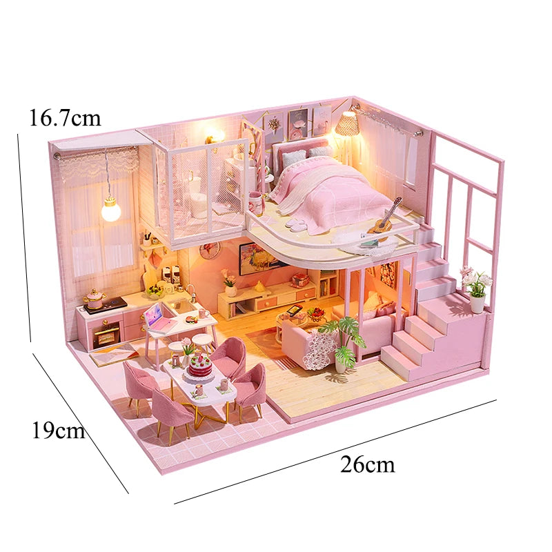 A pink wooden dollhouse miniature building kit featuring furniture and a bedroom setup.