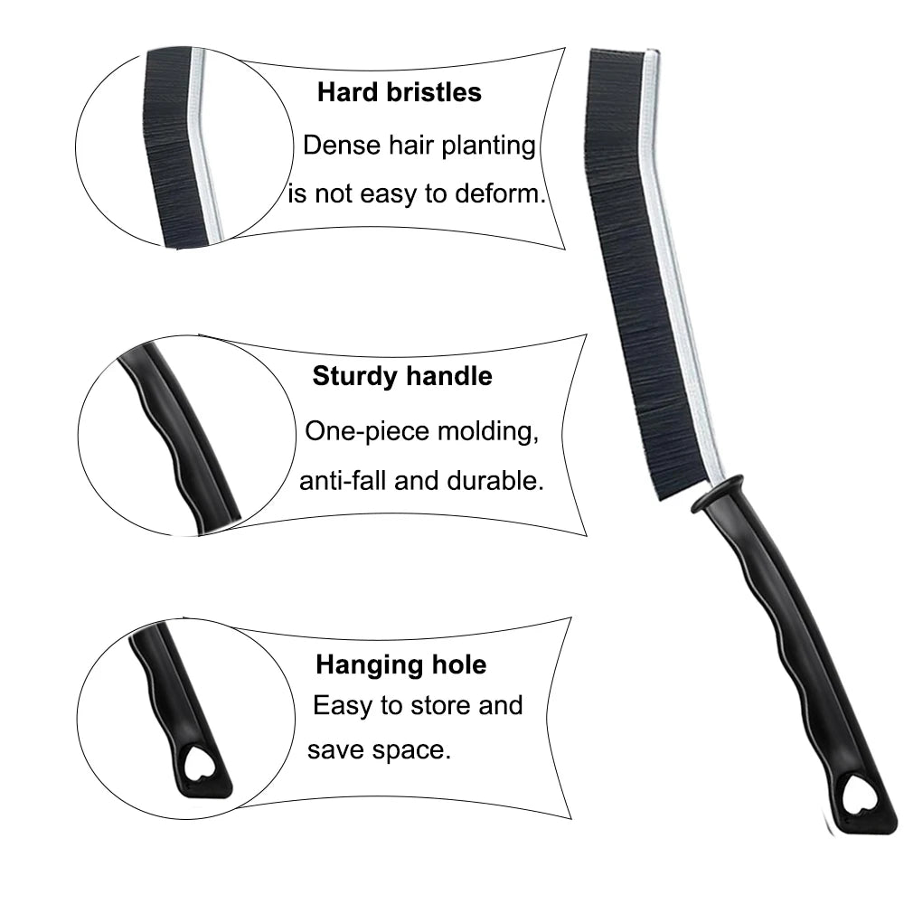 A set of crevice cleaning brushes featuring hard bristles, a sturdy handle, and a hanging hole for storage.