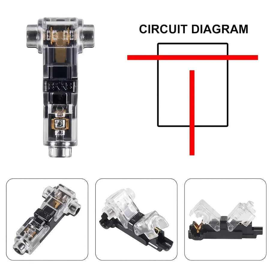 Circuit diagram and various views of quick solderless wire tap connectors for low voltage applications