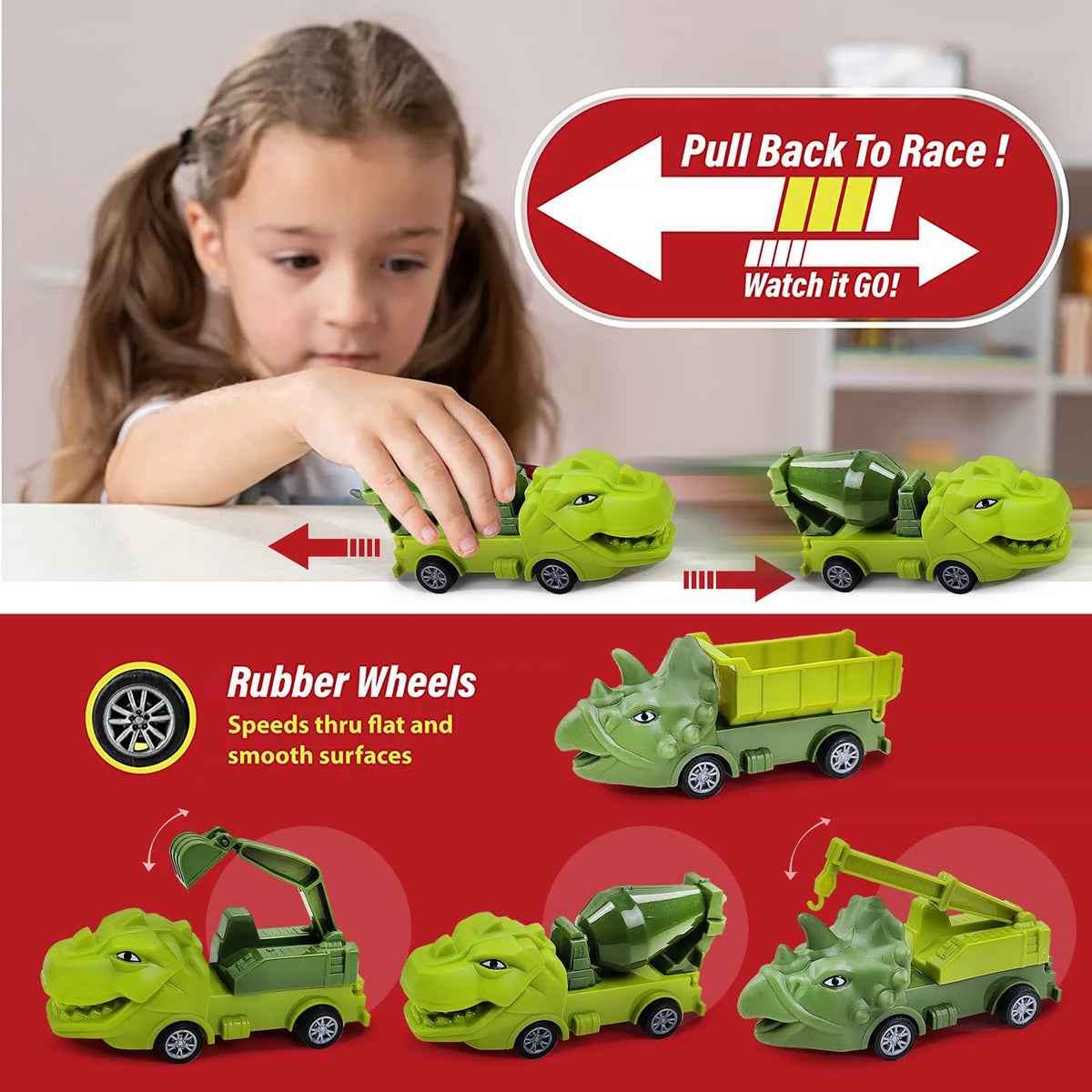 A set of green dinosaur adventure climbing race track toys featuring rubber wheels and various vehicle models.