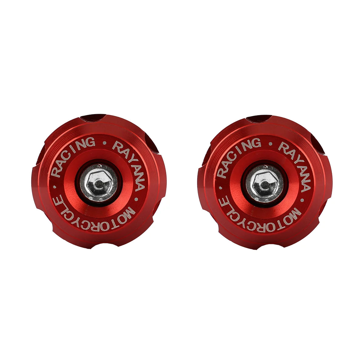 A pair of red CNC aluminum motorcycle handlebar end plugs labeled Racing Rayana.