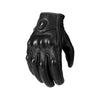 Black leather motorcycle gloves with a silver logo on the back