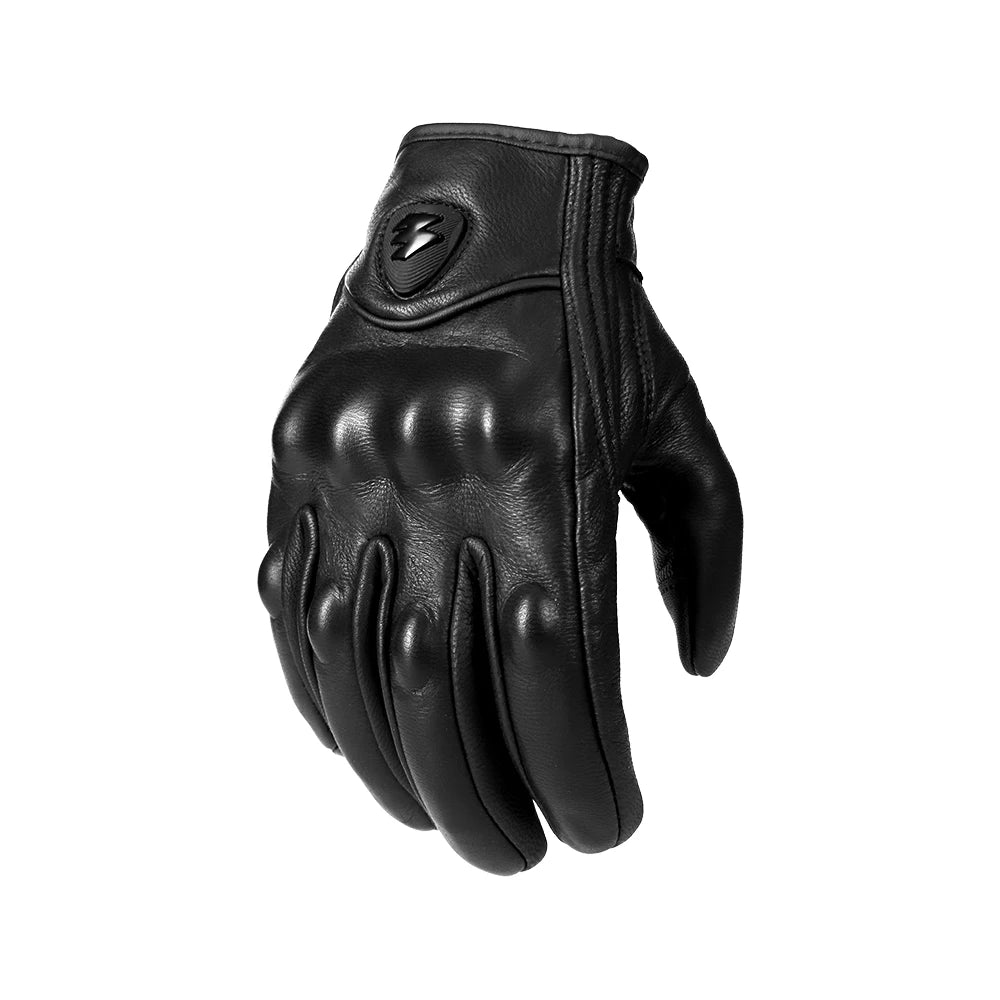 Black leather motorcycle gloves with a silver logo on the back