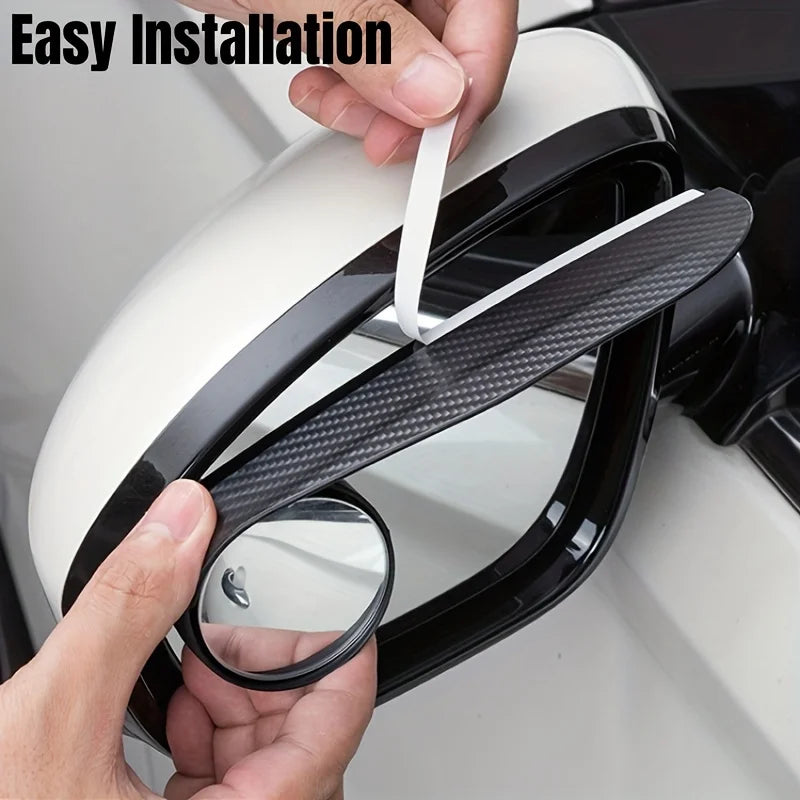 Hands installing car blind spot mirrors with rain shields onto a vehicle's exterior.