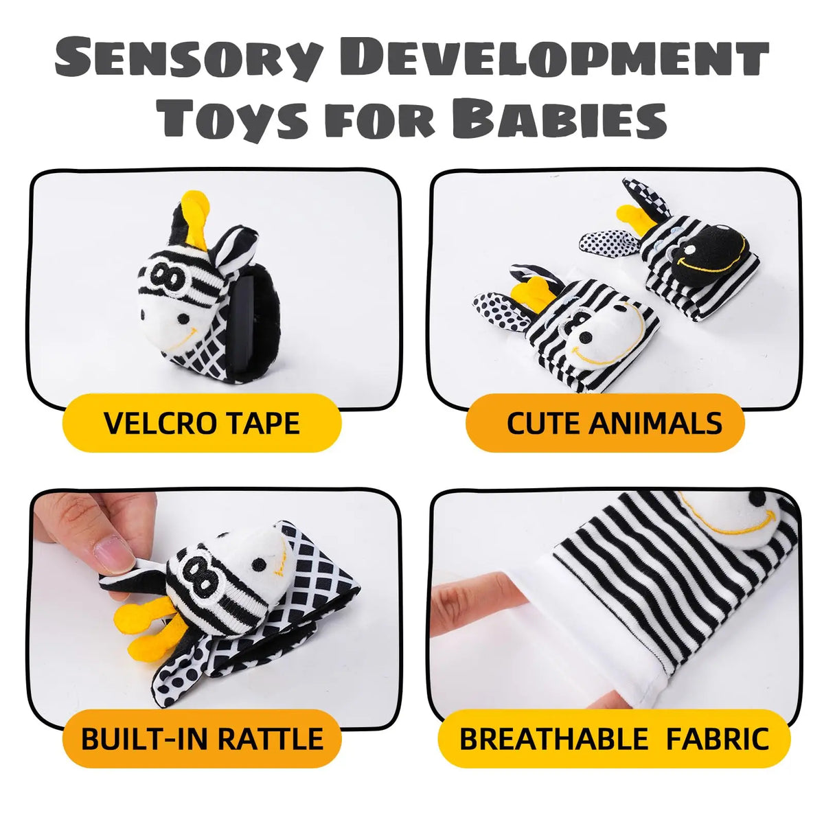 Sensory development toys for babies including velcro tape cute animals and built-in rattle breathable fabric